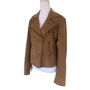 Faux Suede Fringe Moto Jacket Western Festival Boho Brown Size M